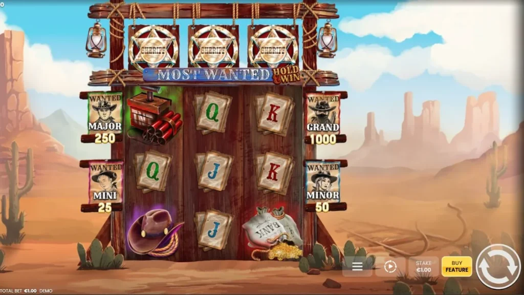 Most Wanted: Hold & Win slot machine interface with Wild West theme