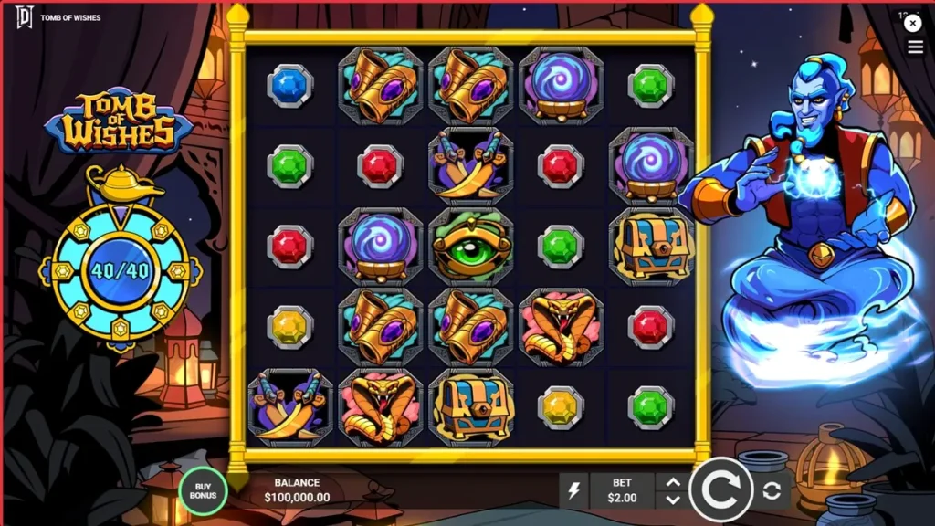 Tampilan visual slot Tomb of Wishes dengan latar belakang ruang harta karun Arab